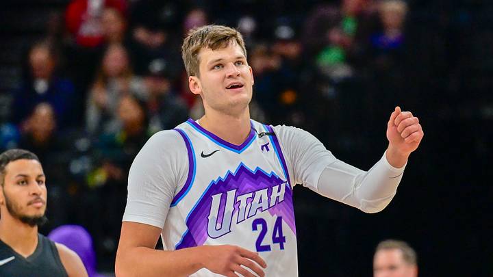 Oct 16, 2025; Salt Lake City, Utah, USA; Utah Jazz center Walker Kessler (24) smiles after making a great play during the first half against the Portland Trail Blazers at Delta Center. Mandatory Credit: Peter Creveling-Imagn Images Oct 16, 2025; Salt Lake City, Utah, USA; Utah Jazz center Walker Kessler (24) smiles after making a great play during the first half against the Portland Trail Blazers at Delta Center. Mandatory Credit: Peter Creveling-Imagn Images