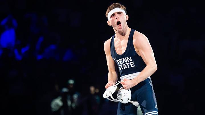 Penn State Nittany Lions wrestler Marcus Blaze celebrates a win at 133 pounds in a Big Ten wrestling dual vs. the Ohio State Buckeyes. Penn State Nittany Lions wrestler Marcus Blaze celebrates a win at 133 pounds in a Big Ten wrestling dual vs. the Ohio State Buckeyes.