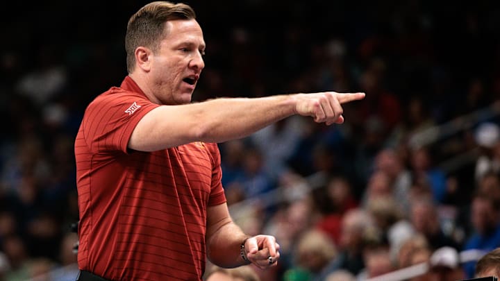 Mar 13, 2026; Kansas City, MO, USA; Iowa State Cyclones head coach T.J. Otzelberger gives direction during the first half against the Arizona Wildcats at T-Mobile Center.