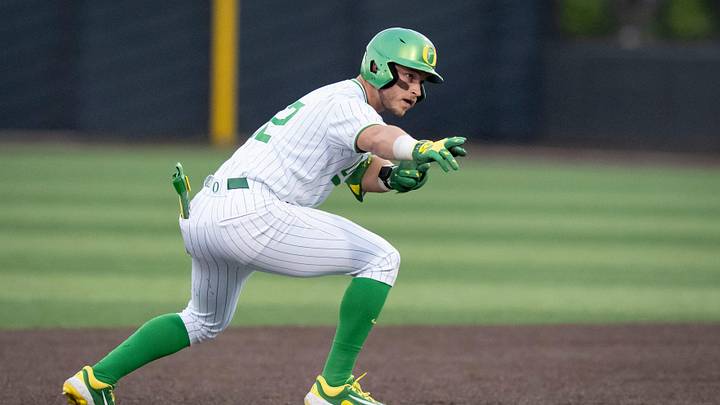 Oregon infielder Ryan Cooney celebrates a double as the Oregon Ducks host the USC Trojans on May 14, 2026, in Eugene, Oregon.
