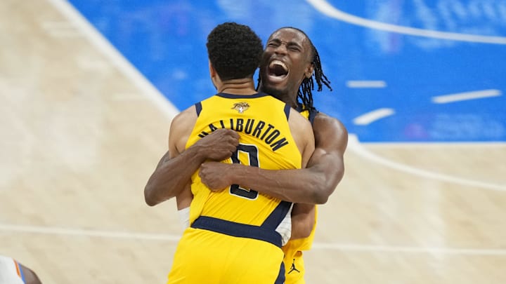 Indiana Pacers forward Aaron Nesmith and guard Tyrese Haliburton celebrate after Haliburton's game-winning shot in Game 1 of the NBA Finals.