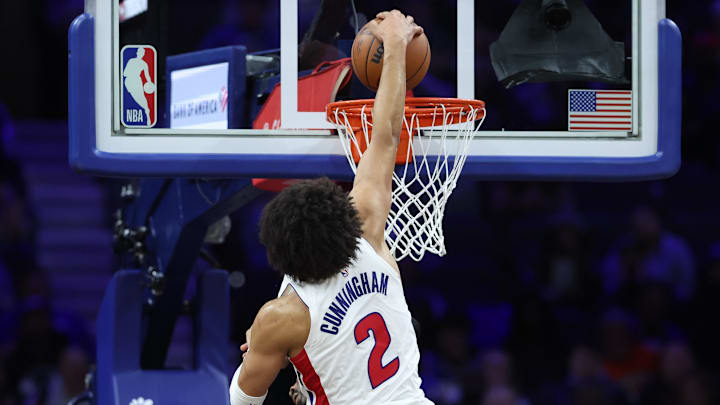 Nov 9, 2025; Philadelphia, Pennsylvania, USA; Detroit Pistons guard Cade Cunningham (2) dunks the ball against the Philadelphia 76ers during the fourth quarter at Xfinity Mobile Arena. Mandatory Credit: Bill Streicher-Imagn Images