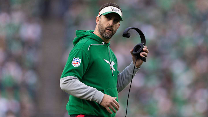 Dec 29, 2024; Philadelphia, Pennsylvania, USA; Philadelphia Eagles head coach Nick Sirianni looks on during the fourth quarter against the Dallas Cowboys at Lincoln Financial Field. Mandatory Credit: Bill Streicher-Imagn Images
