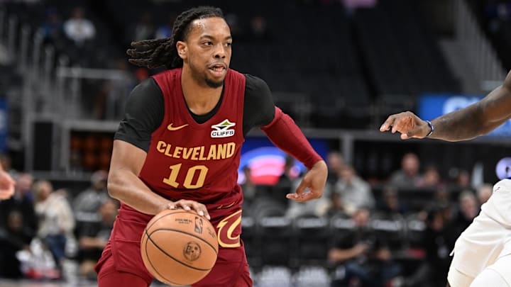 Oct 16, 2024; Detroit, Michigan, USA; Cleveland Cavaliers guard Darius Garland (10) dribbles the ball up the court against the Detroit Pistons in the first quarter at Little Caesars Arena. Mandatory Credit: Lon Horwedel-Imagn Images