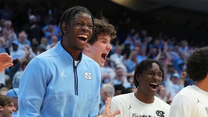 Feb 23, 2026; Chapel Hill, North Carolina, USA; North Carolina Tar Heels forward Caleb Wilson (8) and the bench react in the second half at Dean E. Smith Center. Mandatory Credit: Bob Donnan-Imagn Images