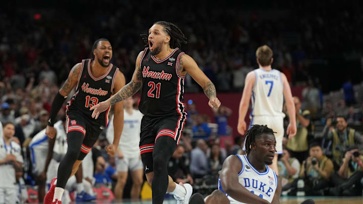 Apr 5, 2025; San Antonio, TX, USA; Houston Cougars guard Emanuel Sharp (21) and Houston Cougars forward J'Wan Roberts (13) celebrate defeating the Duke Blue Devils in the semifinals of the men's Final Four of the 2025 NCAA Tournament at the Alamodome. Mandatory Credit: Robert Deutsch-Imagn Images Apr 5, 2025; San Antonio, TX, USA; Houston Cougars guard Emanuel Sharp (21) and Houston Cougars forward J'Wan Roberts (13) celebrate defeating the Duke Blue Devils in the semifinals of the men's Final Four of the 2025 NCAA Tournament at the Alamodome. Mandatory Credit: Robert Deutsch-Imagn Images
