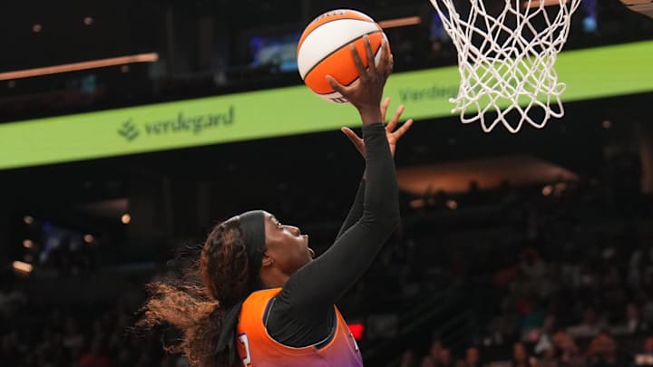 Sep 19, 2025; Phoenix, Arizona, USA; Phoenix Mercury guard Kahleah Copper (2) puts up a layup against the New York Liberty during the second half of game three of round one for the 2025 WNBA Playoffs at PHX Arena. Mandatory Credit: Joe Camporeale-Imagn Images