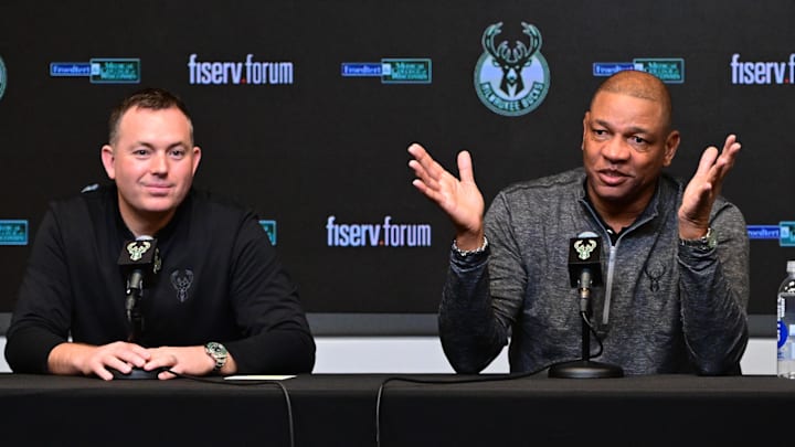 Jan 27, 2024; Milwaukee, WI, USA;  Doc Rivers speaks at a press conference with general manager Jon Horst where he was introduce as the new head coach of the Milwaukee Bucks at the Fiserv Forum. Mandatory Credit: Benny Sieu-Imagn Images