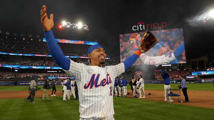Oct 9, 2024; New York City, New York, USA; New York Mets shortstop Francisco Lindor (12) celebrates after defeating the Philadelphia Phillies in game four of the NLDS and winning the series 3 games to 1 during the 2024 MLB Playoffs at Citi Field. Mandatory Credit: Brad Penner-Imagn Images Oct 9, 2024; New York City, New York, USA; New York Mets shortstop Francisco Lindor (12) celebrates after defeating the Philadelphia Phillies in game four of the NLDS and winning the series 3 games to 1 during the 2024 MLB Playoffs at Citi Field. Mandatory Credit: Brad Penner-Imagn Images