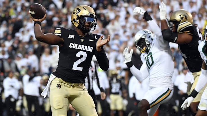 Sep 21, 2024; Boulder, Colorado, USA; Colorado Buffaloes quarterback Shedeur Sanders (2) attempts a pass during the first half against the Baylor Bears at Folsom Field. Mandatory Credit: Christopher Hanewinckel-Imagn Images