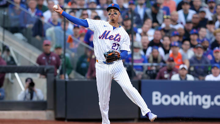 New York Mets third baseman Mark Vientos throws during Game 3 of a National League Divisional Series against the Philadelphia Phillies on Oct. 8 at Citi Field.