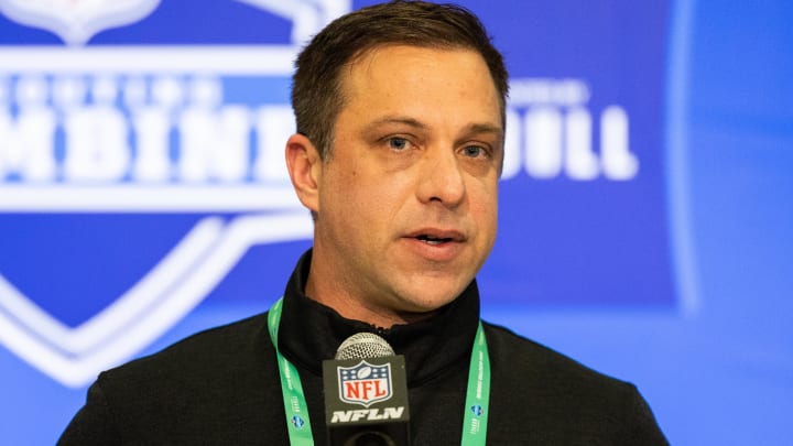 Feb 27, 2024; Indianapolis, IN, USA; Kansas City Chiefs General Manager Brett Veach talks to the media at the 2024 NFL Combine at Indiana Convention Center. Mandatory Credit: Trevor Ruszkowski-USA TODAY Sports