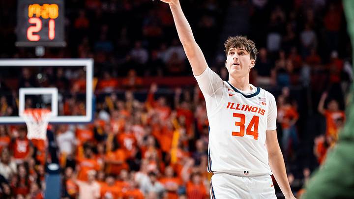 Illinois guard Ethan Brown launches a shot in the Illini's 95-91 exhibition loss to Baylor last Friday at the State Farm Center in Champaign, Illinois. Illinois guard Ethan Brown launches a shot in the Illini's 95-91 exhibition loss to Baylor last Friday at the State Farm Center in Champaign, Illinois.