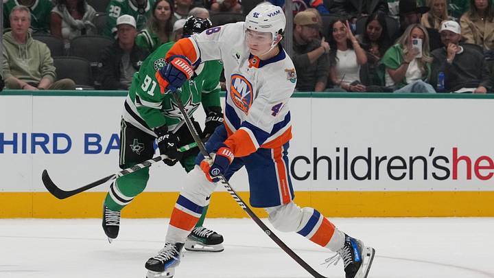 Oct 25, 2026; Dallas, Texas, USA; New York Islanders defenseman Matthew Schaefer (48) shoots the puck against the Dallas Stars during the first period at American Airlines Center. Mandatory Credit: Raymond Carlin III-Imagn Images Oct 25, 2026; Dallas, Texas, USA; New York Islanders defenseman Matthew Schaefer (48) shoots the puck against the Dallas Stars during the first period at American Airlines Center. Mandatory Credit: Raymond Carlin III-Imagn Images