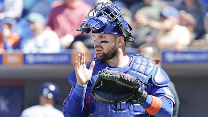 Mar 17, 2025; Port St. Lucie, Florida, USA; New York Mets catcher Luis Torrens (13) rallies his infield during the seventh inning against the Tampa Bay Rays at Clover Park. Mandatory Credit: Reinhold Matay-Imagn Images Mar 17, 2025; Port St. Lucie, Florida, USA; New York Mets catcher Luis Torrens (13) rallies his infield during the seventh inning against the Tampa Bay Rays at Clover Park. Mandatory Credit: Reinhold Matay-Imagn Images