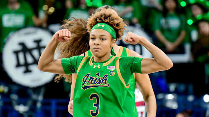 Mar 2, 2025; South Bend, Indiana, USA; Notre Dame Fighting Irish guard Hannah Hidalgo (3) reacts in the first half against the Louisville Cardinals at the Purcell Pavilion. Mandatory Credit: Matt Cashore-Imagn Images