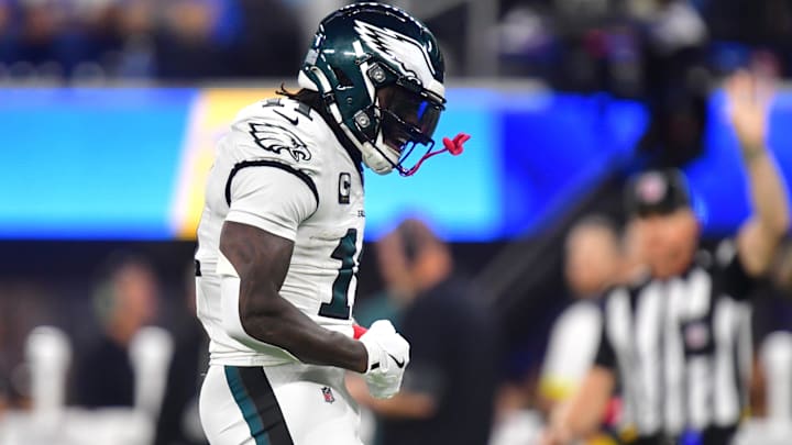 Philadelphia Eagles wide receiver A.J. Brown reacts in the second half against the Los Angeles Chargers.