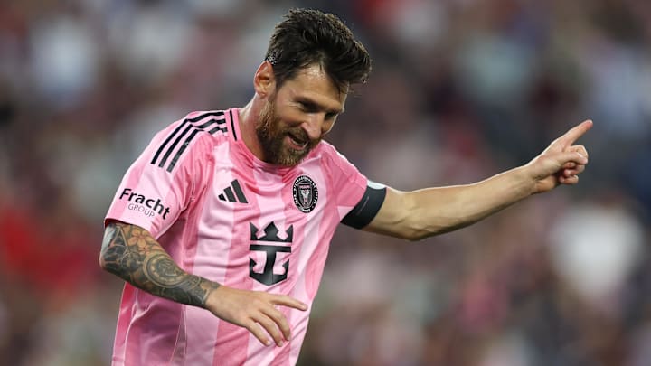 Jul 9, 2025; Foxborough, Massachusetts, USA; Inter Miami CF forward Lionel Messi (10) celebrates after scoring during the first half against the New England Revolution at Gillette Stadium. Jul 9, 2025; Foxborough, Massachusetts, USA; Inter Miami CF forward Lionel Messi (10) celebrates after scoring during the first half against the New England Revolution at Gillette Stadium.