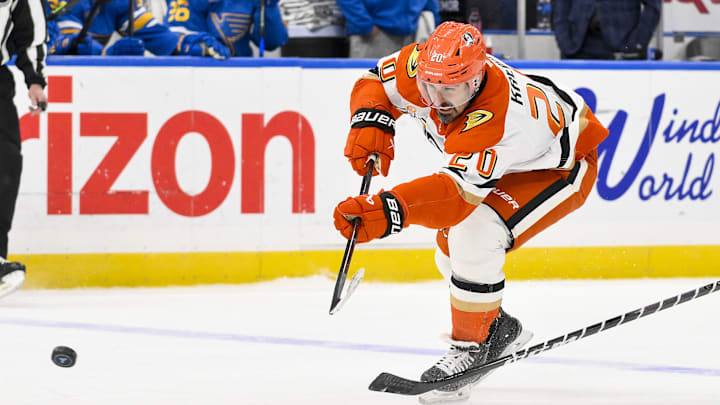 Dec 1, 2025; St. Louis, Missouri, USA; Anaheim Ducks left wing Chris Kreider (20) shoots and scores an empty net goal against the St. Louis Blues during the third period at Enterprise Center. Mandatory Credit: Jeff Curry-Imagn Images