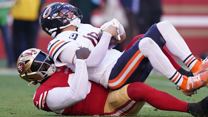 Maliek Collins sacks Caleb Williams Sunday in the 38-13 Bears loss, one of seven sacks Williams absorbed.
