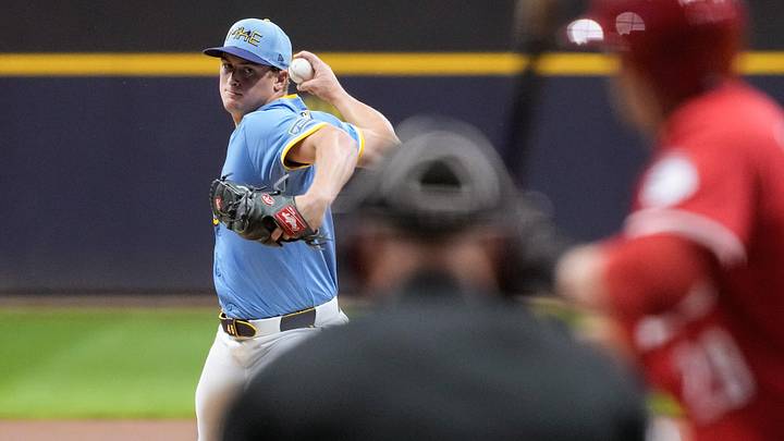 Sep 26, 2025; Milwaukee, Wisconsin, USA;  Milwaukee Brewers pitcher Quinn Priester (46) throws a pitch during the first inning against the Cincinnati Reds at American Family Field. Mandatory Credit: Jeff Hanisch-Imagn Images