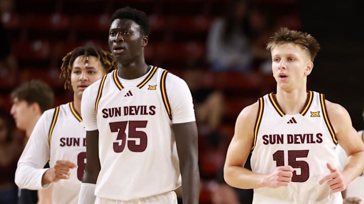 Jan 3, 2026; Tempe, Arizona, USA; Arizona State Sun Devils center Massamba Diop (35) and guard Noah Meeusen (15) against the Colorado Buffaloes at Desert Financial Arena. Mandatory Credit: Mark J. Rebilas-Imagn Images Jan 3, 2026; Tempe, Arizona, USA; Arizona State Sun Devils center Massamba Diop (35) and guard Noah Meeusen (15) against the Colorado Buffaloes at Desert Financial Arena. Mandatory Credit: Mark J. Rebilas-Imagn Images