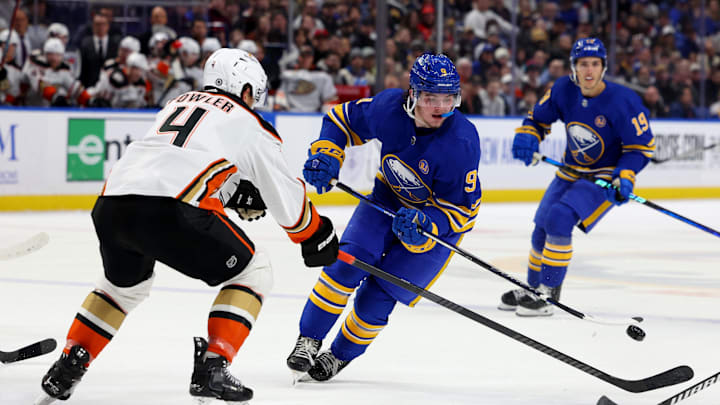 Feb 19, 2024; Buffalo, New York, USA;  Buffalo Sabres left wing Zach Benson (9) flips the puck up