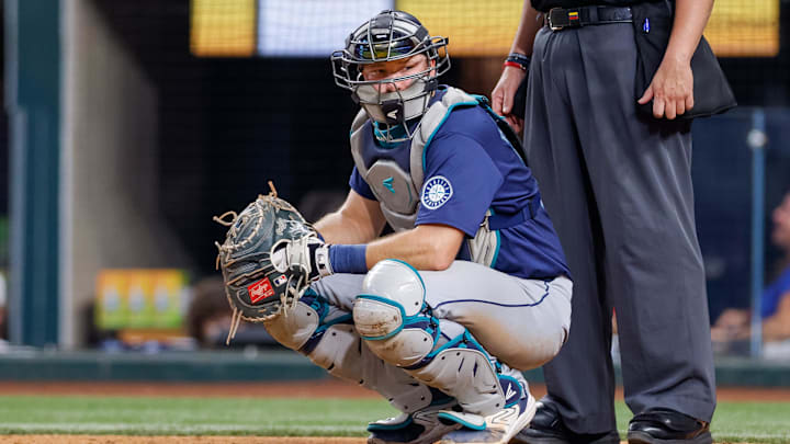 Seattle Mariners catcher Cal Raleigh looks on during a game against the Texas Rangers on Sept. 21 at Globe Life Field.