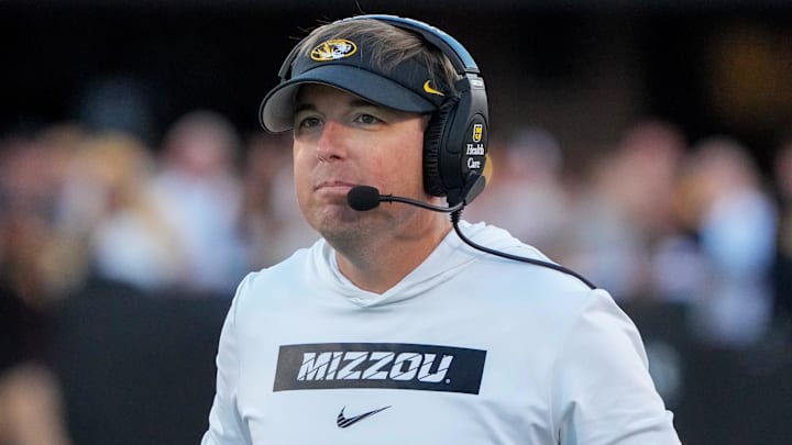 Sep 7, 2024; Columbia, Missouri, USA; Missouri Tigers head coach Eli Drinkwitz watches play against the Buffalo Bulls during the first half at Faurot Field at Memorial Stadium. Mandatory Credit: Denny Medley-Imagn Images