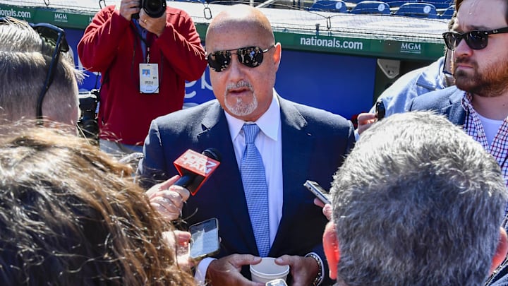 Mar 30, 2023; Washington, District of Columbia, USA; Washington Nationals general manager Mike Rizzo talks with the media before the game against the Atlanta Braves at Nationals Park. 