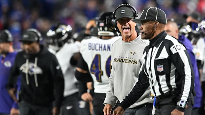 Sep 7, 2025; Orchard Park, New York, USA;  Baltimore Ravens head coach John Harbaugh () reacts during the fourth quarter against the Buffalo Bills at Highmark Stadium. Mandatory Credit: Mark Konezny-Imagn Images