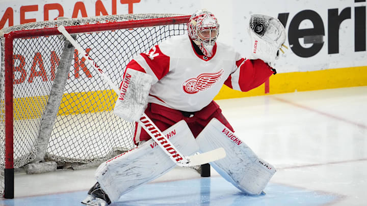 Jan 17, 2024; Sunrise, Florida, USA; Detroit Red Wings goaltender Alex Lyon (34) warms up prior to