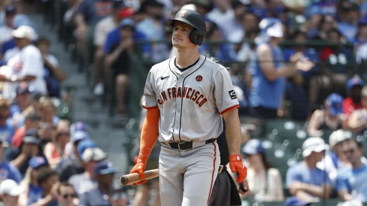 Jun 19, 2024; Chicago, Illinois, USA; San Francisco Giants third baseman Matt Chapman (26) reacts after striking out against the Chicago Cubs during the fourth inning at Wrigley Field. Jun 19, 2024; Chicago, Illinois, USA; San Francisco Giants third baseman Matt Chapman (26) reacts after striking out against the Chicago Cubs during the fourth inning at Wrigley Field.