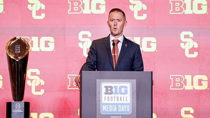 Jul 28, 2026; Chicago, IL, USA; USC Football head coach Lincoln Riley speaks during Media Days at Hilton Chicago. Mandatory Credit: Kamil Krzaczynski-Imagn Images Jul 28, 2026; Chicago, IL, USA; USC Football head coach Lincoln Riley speaks during Media Days at Hilton Chicago. Mandatory Credit: Kamil Krzaczynski-Imagn Images
