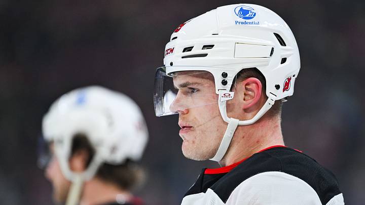 New Jersey Devils left wing Brian Halonen (48) looks on during warm-up before the game against the Montreal Canadiens at Bell Centre. Mandatory Credit: David Kirouac-Imagn Images New Jersey Devils left wing Brian Halonen (48) looks on during warm-up before the game against the Montreal Canadiens at Bell Centre. Mandatory Credit: David Kirouac-Imagn Images