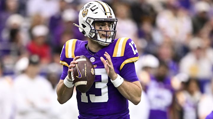Dec 31, 2024; Houston, TX, USA; LSU Tigers quarterback Garrett Nussmeier (13) throws a pass during the first half against the Baylor Bears at NRG Stadium. The Tigers defeat the Bears 44-31. Mandatory Credit: Maria Lysaker-Imagn Images 