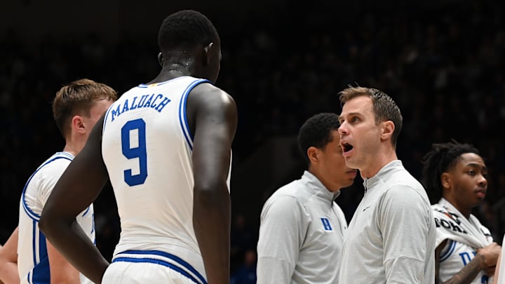 Duke basketball center Khaman Maluach and head coach Jon Scheyer Duke basketball center Khaman Maluach and head coach Jon Scheyer