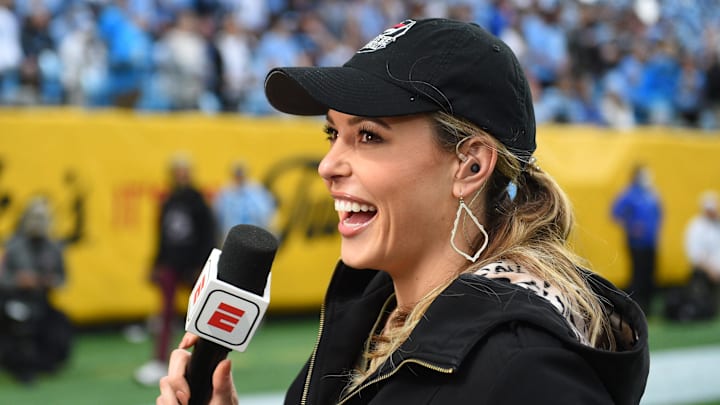 Dec 30, 2021; Charlotte, NC, USA; ESPN sideline reporter Taylor McGregor in the third quarter during the 2021 Duke's Mayo Bowl at Bank of America Stadium. 
