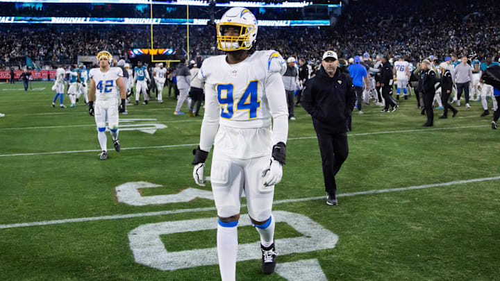 Los Angeles Chargers linebacker Chris Rumph II reacts as he walks off the field after losing to the Jacksonville Jaguars during a wild card playoff game at TIAA Bank Field. 