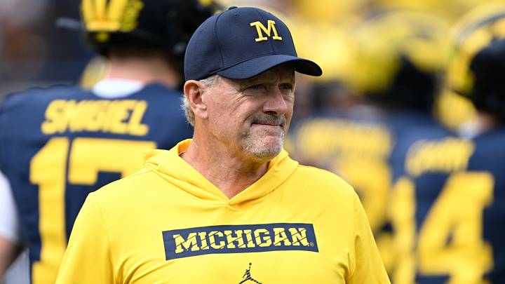 Sep 12, 2026; Ann Arbor, Michigan, USA;  Michigan Wolverines head coahc Kyle Whittingham looks on during warmups prior to the game against the Oklahoma Sooners at Michigan Stadium.  Mandatory Credit: Lon Horwedel-Imagn Images