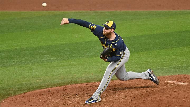 Oct 26, 2026; St. Petersburg, Florida, USA;  Milwaukee Brewers pitcher Brandon Woodruff (53) throws a pitch against the Tampa Bay Rays during the ninth inning in game three of the 2026 World Series at Tropicana Field.  Mandatory Credit: Jonathan Dyer-Imagn Images