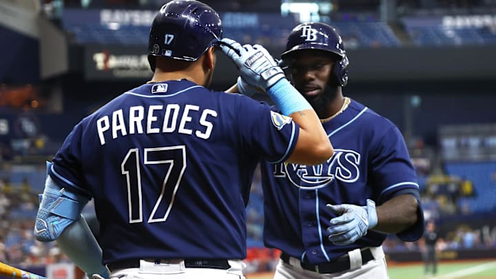 Sep 19, 2023; St. Petersburg, Florida, USA;  Tampa Bay Rays left fielder Randy Arozarena (56) and third baseman Isaac Paredes (17)