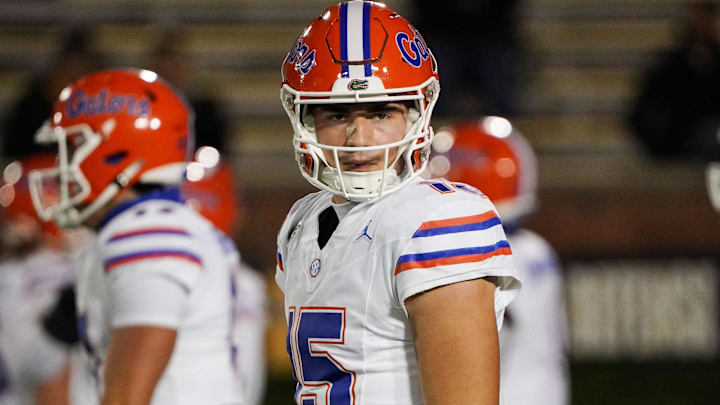 Nov 18, 2023; Columbia, Missouri, USA; Florida Gators quarterback Graham Mertz (15) looks to the