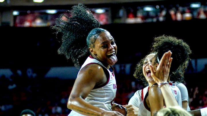 Oklahoma forward Sahara Williams celebrates on the bench against Idaho in the NCAA Tournament.