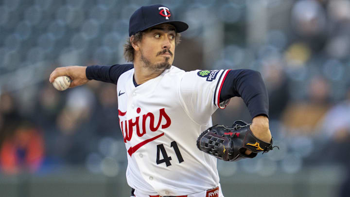 Apr 6, 2026; Minneapolis, Minnesota, USA; Minnesota Twins starting pitcher Joe Ryan (41) delivers a pitch against the Detroit Tigers in the first inning at Target Field.