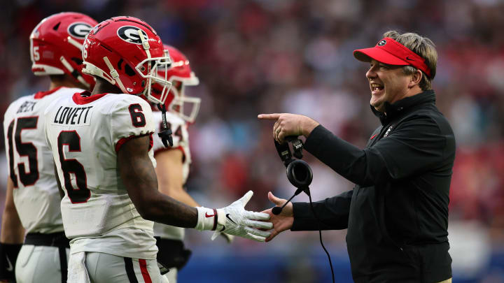 Dec 30, 2023; Miami Gardens, FL, USA; Georgia Bulldogs head coach Kirby Smart reacts during the first half in the 2023 Orange Bowl against the Florida State Seminoles at Hard Rock Stadium. Mandatory Credit: Sam Navarro-USA TODAY Sports