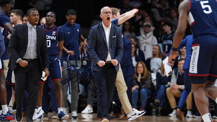 Connecticut Huskies head coach Dan Hurley reacts against the Villanova Wildcats in the first half at William B. Finneran Pavilion.