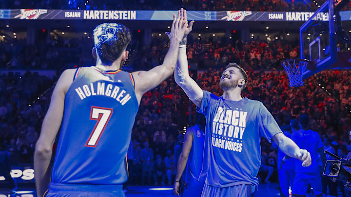 Feb 7, 2025; Oklahoma City, Oklahoma, USA; Oklahoma City Thunder center Isaiah Hartenstein (55) high fives forward Chet Holmgren (7) during introductions before the start of a game against the Toronto Raptors during the second half at Paycom Center. Mandatory Credit: Alonzo Adams-Imagn Images