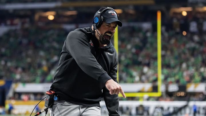 Jan 20, 2025; Atlanta, GA, USA; Ohio State Buckeyes head coach Ryan Day reacts as he celebrates a play against the Notre Dame Fighting Irish during the CFP National Championship college football game at Mercedes-Benz Stadium. Jan 20, 2025; Atlanta, GA, USA; Ohio State Buckeyes head coach Ryan Day reacts as he celebrates a play against the Notre Dame Fighting Irish during the CFP National Championship college football game at Mercedes-Benz Stadium.