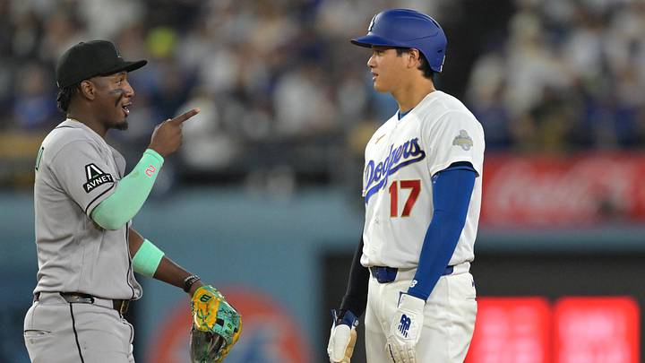 Mar 27, 2026; Los Angeles, California, USA; Los Angeles Dodgers two-way player Shohei Ohtani (17) talks with Arizona Diamondbacks shortstop Geraldo Perdomo (2) on second base in the third inning at Dodger Stadium. Mandatory Credit: Jayne Kamin-Oncea-Imagn Images Mar 27, 2026; Los Angeles, California, USA; Los Angeles Dodgers two-way player Shohei Ohtani (17) talks with Arizona Diamondbacks shortstop Geraldo Perdomo (2) on second base in the third inning at Dodger Stadium. Mandatory Credit: Jayne Kamin-Oncea-Imagn Images